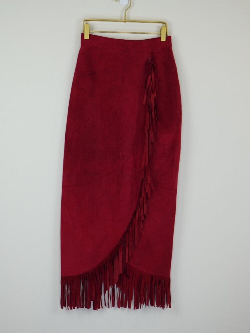 Danier Burgundy Suede Fringe Midi Wrap Skirt Sz S Vintage 80s Western Boho